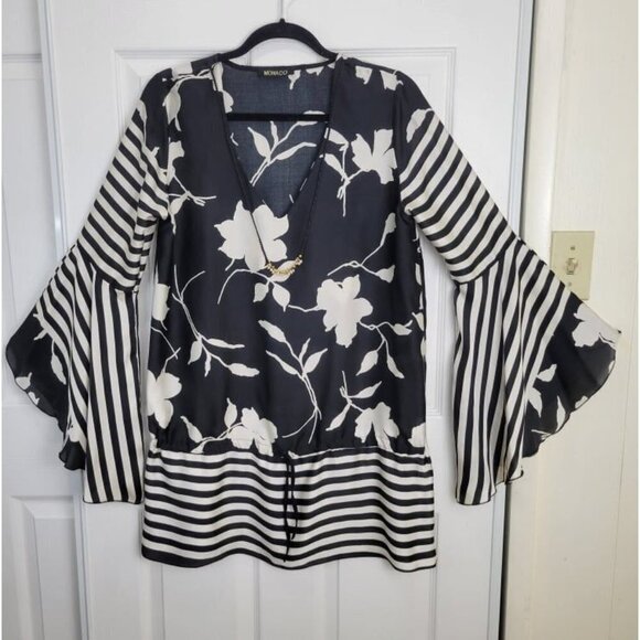 monaco Dresses & Skirts - MONACO Women's Black Floral Bell Sleeves Drop Waist Tunic Mini Dress OS